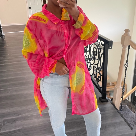 Vintage Sheer Blouse Top Shirt Oversized Button Up - Picture 4 of 10